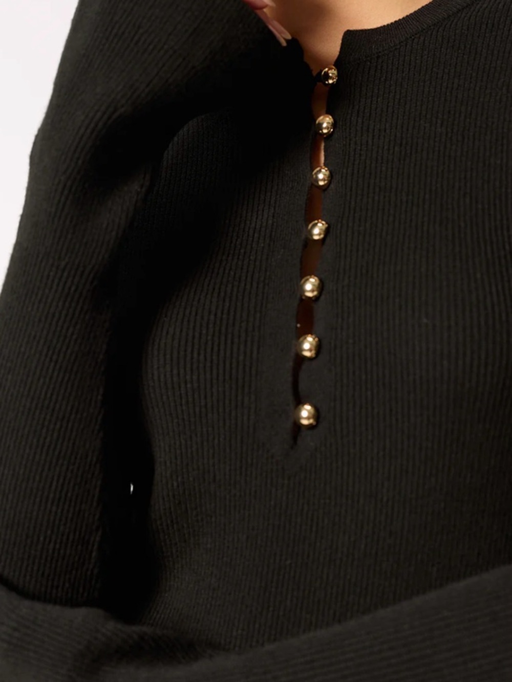 Commense Black Long-Sleeve Lace-Hem Dress with Button Details - Picture 2 of 6